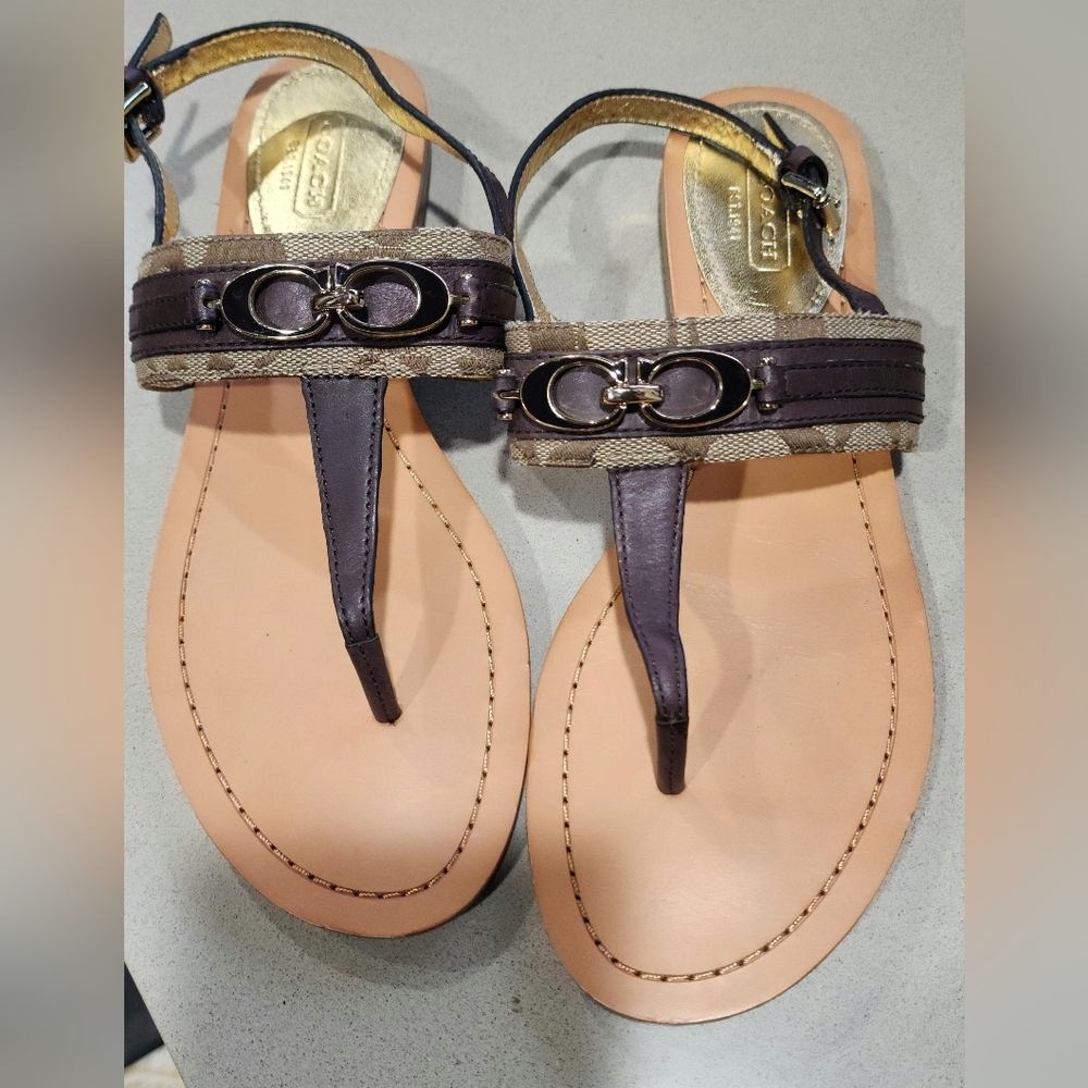 Coach Sammy Signature C Logo Thong Sandals, Brown, Size 8.5 Gold Hardware